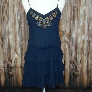Free People Silk Navy Tiered Jeweled Bib Dress, S
